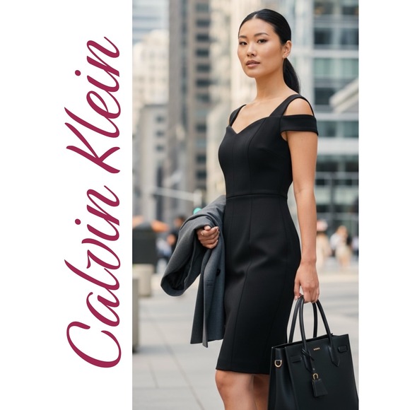Calvin Klein Dresses & Skirts - Calvin Klein Black Cold Shoulder Scuba Sheath Dress Sweetheart Neckline Size 8